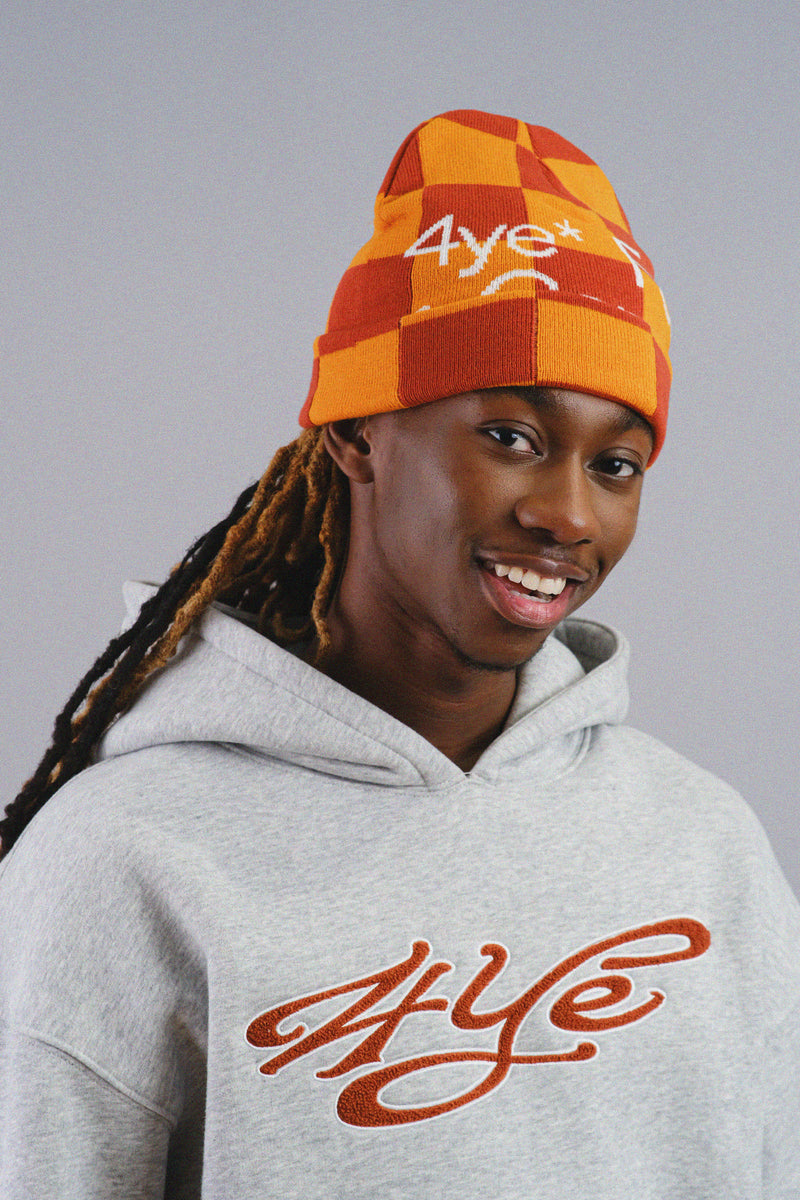 Custom knit beanie fit sample worn by model